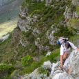 Climbing through the lower rock band on Barrier Buttress